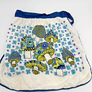Vintage Mushroom Butterfly Terry Cloth Kitchen Blue Half Apron Retro 70s